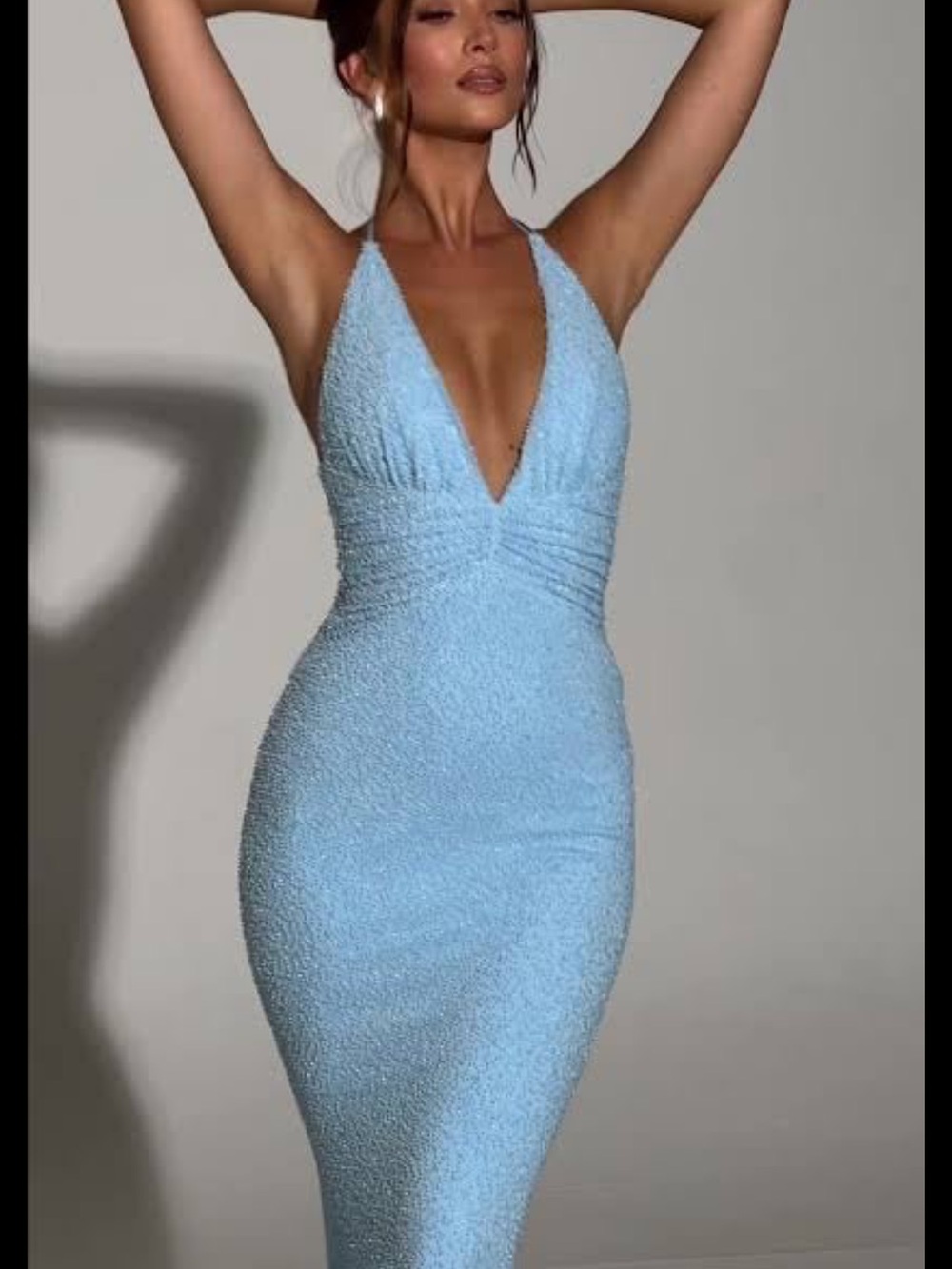Oh Polly Verona Embellished Beaded Plunge Blue Halter Prom Maxi Evening Gown 4